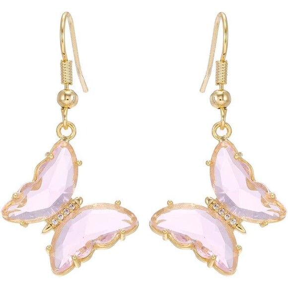 CZ Butterfly Glass Drop Dangle Earrings Silver Post Cubic Zirconia Gold Plated - Picture 6 of 6